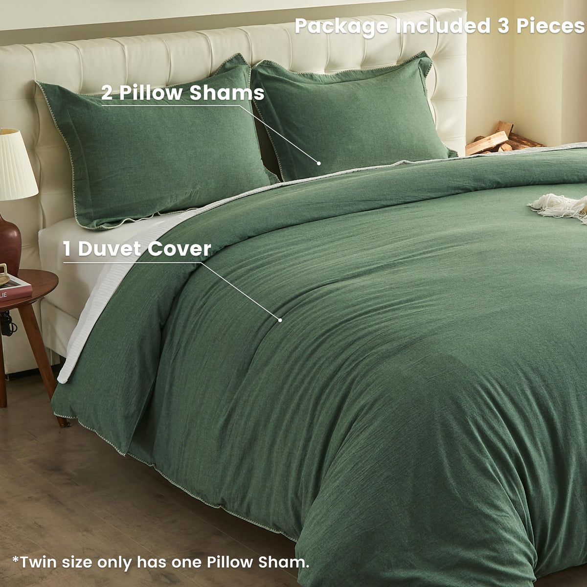 100% Washed Cotton Duvet Cover Set 3 Pieces with Triangle Hem Solid Colour Linen Durable, Breathable, Soft
