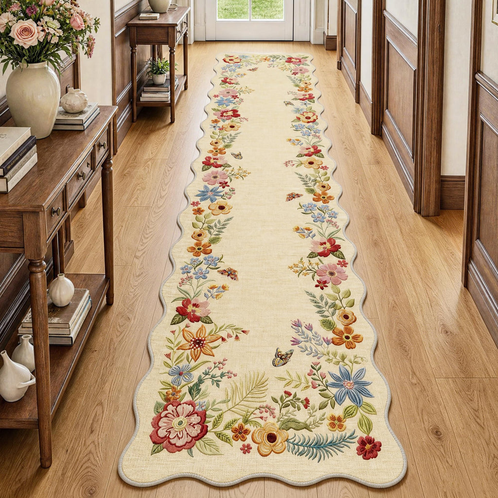 3x10 Hallway Runner Rug Washable Beige Floral Vintage Scalloped