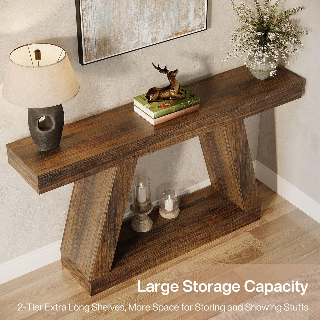 Farmhouse Console Table, 55-Inch Rustic Sofa Table with Storage, Industrial Wooden Entryway Table, Dark Brown