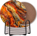 Petrified Wood Agate Round Coasters - Abosrbent Ceramic Coasters with Metal Stand for Drinks, Coffee - Set of 6