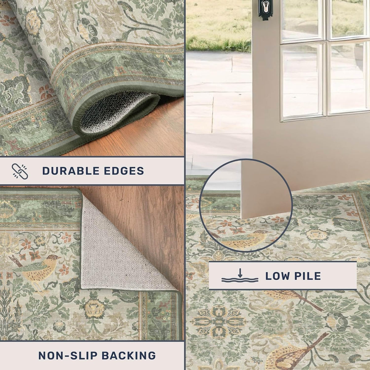 Sage Floral Kitchen Runners - Long Runner Rug Bathroom Bedroom Beside Bed Entryway, Boho Birds Leaves Patterned