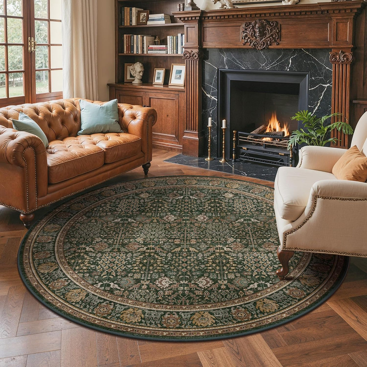 8ft Round Area Rug 8x8, Washable Non Slip, Dark Green Brown