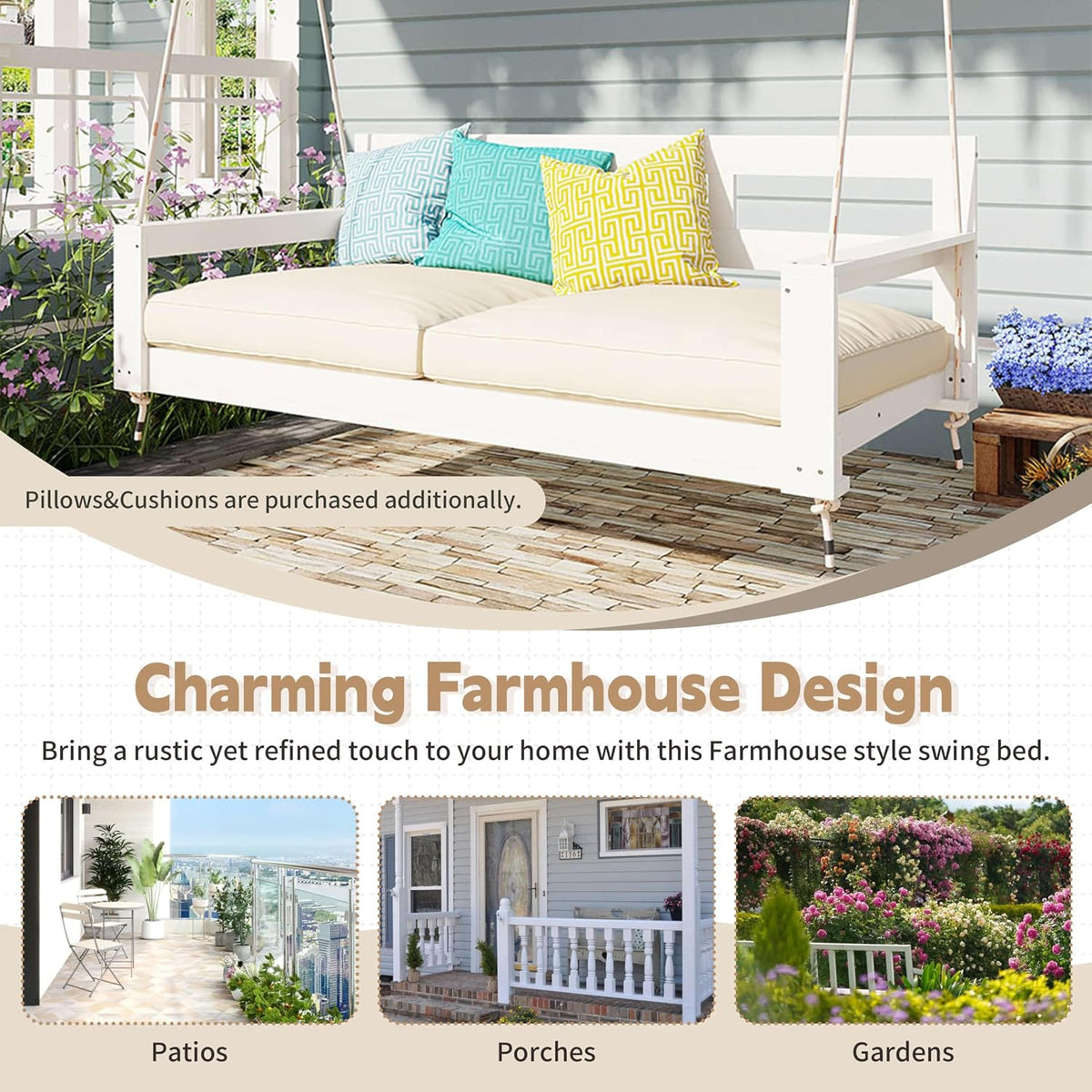 Twin Size Wooden Porch Swing Bed with 4 Heavy Duty Ropes, Outdoor Hanging Daybed Swing Bench Backyard Garden, Acacia