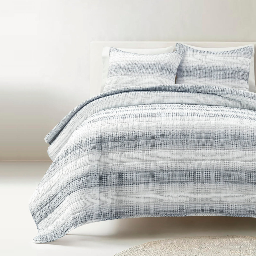 Yarn Dyed Textured Stripe Waffle Quilt Set, 3 Piece Set, Navy & White - Soft Waffle Bedding Set - Blue Quilt