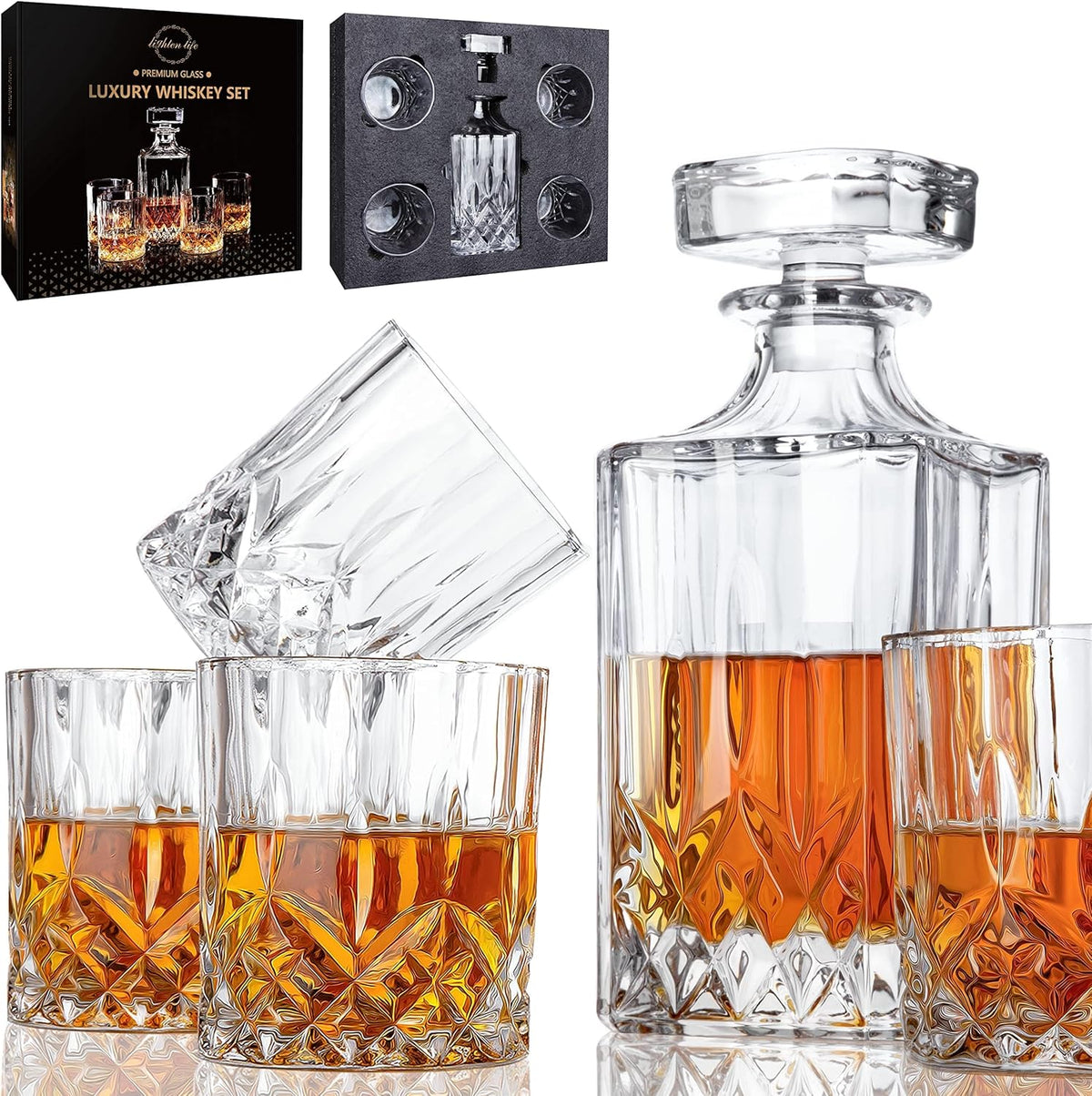 Whiskey Decanter Set for Men - Whiskey Decanter with 4 Whiskey Glasses in Gift Box, Non-Lead Glass for Bourbon - Set of 5