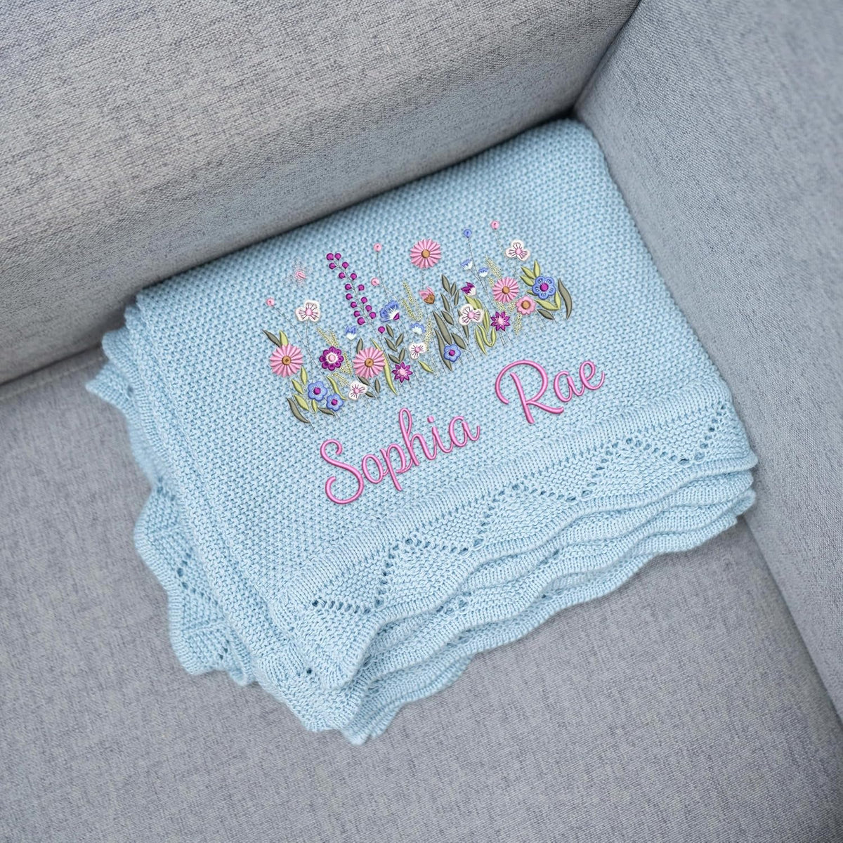 Wildflower Nursery Quilt Blanket with Ruffle Edge - Custom Embroidered Floral Name Blanket, Personalized Newborn Gift