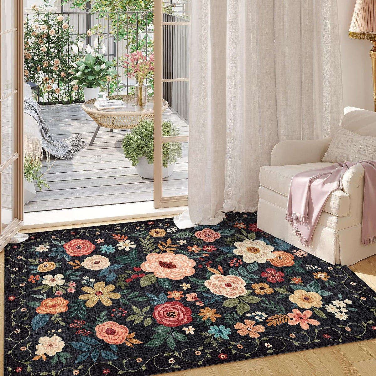 Area Rug, Floral Washable Rug Non Slip, Black