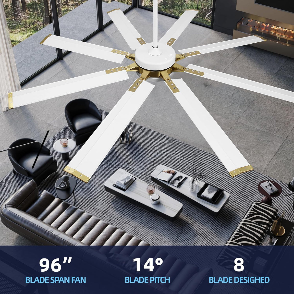 96" Large Ceiling Fan with LED Light and Remote, 8 Aluminum Blades, White and Brass, 6-Speed Reversible DC Motor