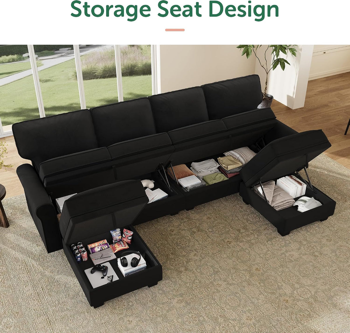 Convertible Sectional Sofa with Storage U Shaped Sectional Couch with Reversible Chaise Small Sectional Couches ,Mid