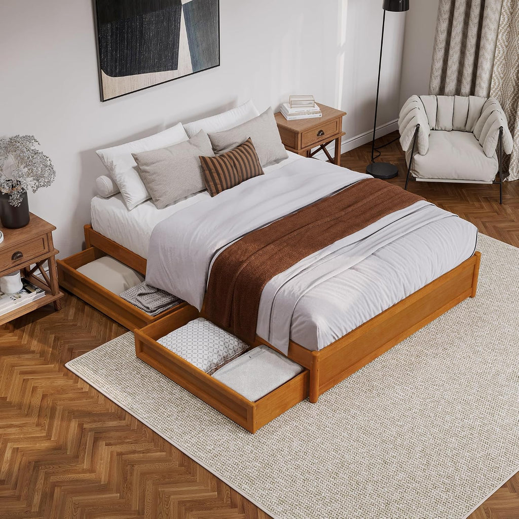 Queen Wood Panel Platform Bed with Storage Drawers, Light Toffee