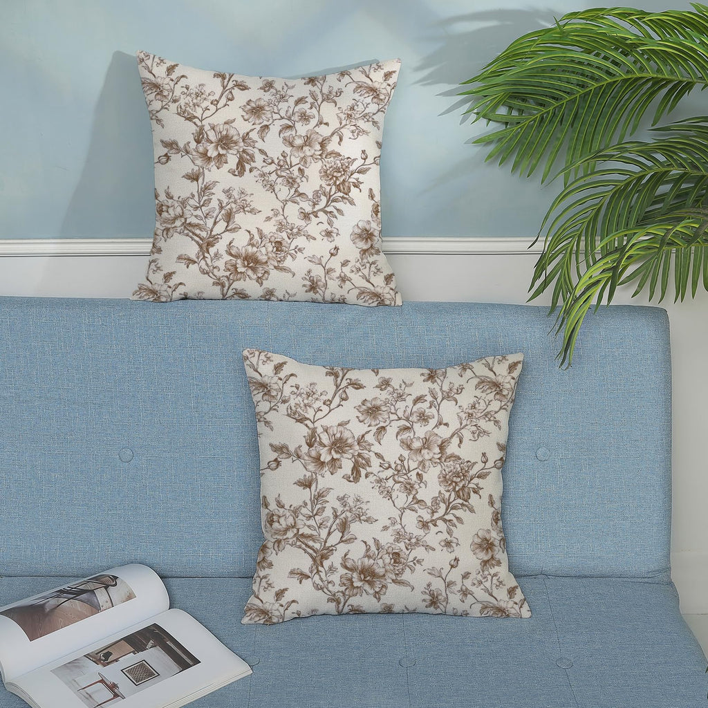 Brown Pillow Covers 18x18 Set of 2 Brown and Cream Floral Chinoiserie Throw Pillows Vintage Rustic Toile Flower