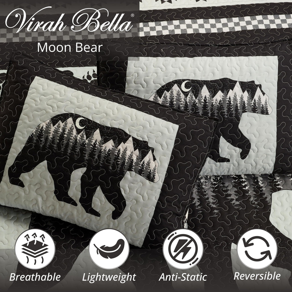 Moon Bear 3-Piece Quilt Set - 90"x90" Reversible Silhouette Cabin Bedding with 2 Standard Pillow Shams