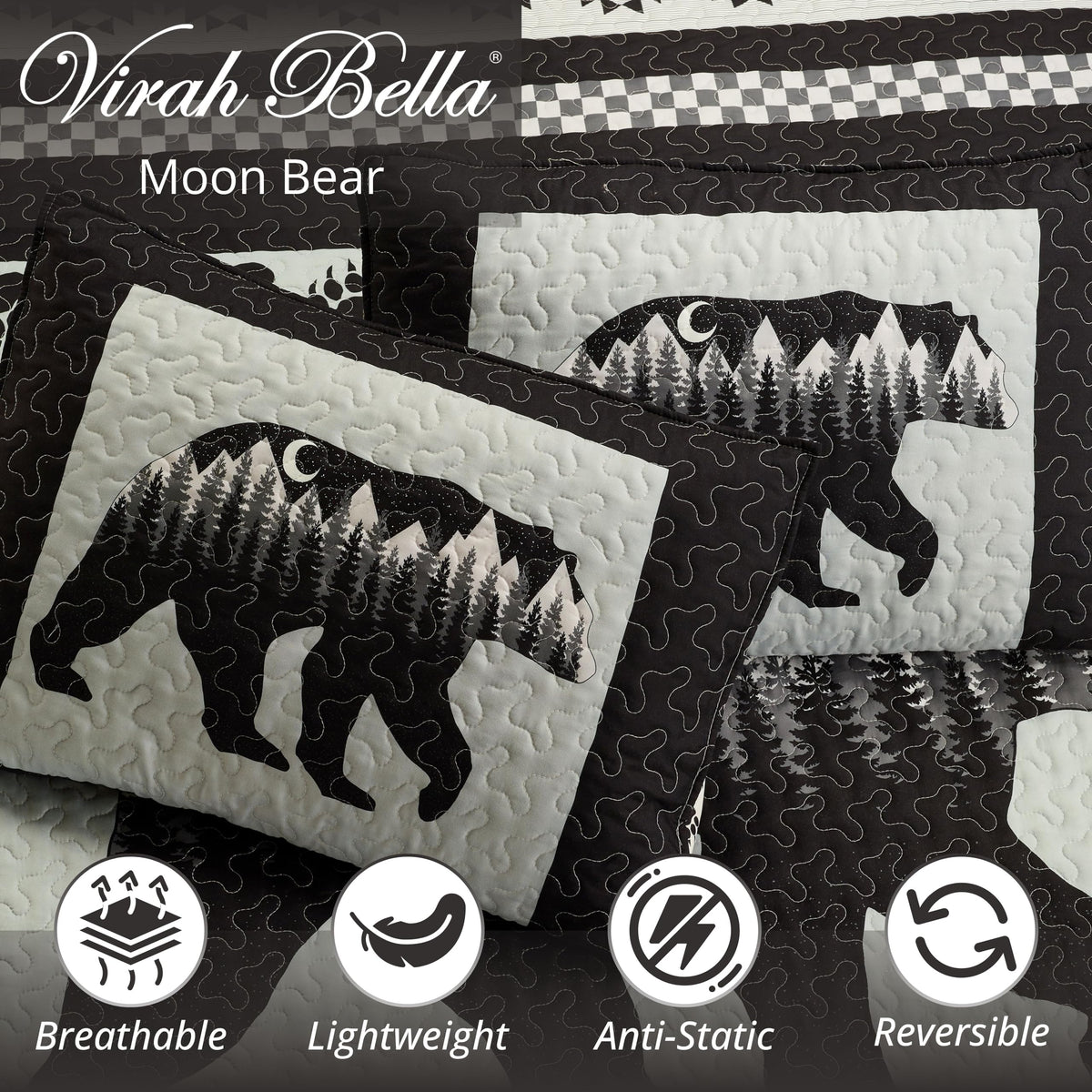 Moon Bear 3-Piece Quilt Set - 90"x90" Reversible Silhouette Cabin Bedding with 2 Standard Pillow Shams