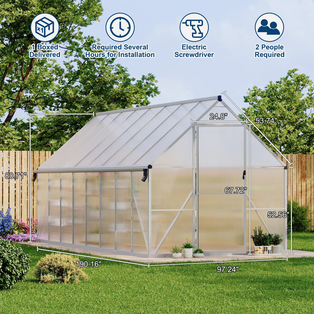 8'X16' Aluminum-Framed Polycarbonate Greenhouse, Heavy Duty Polycarbonate Greenhouse with Quick Setup Structure and