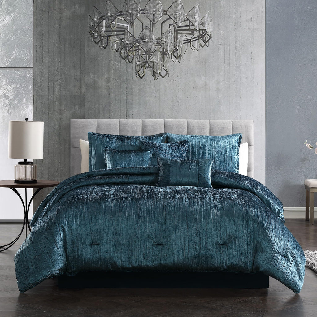 Turin Crinkle Velvet Comforter Bedding Set, Queen Size, Glam Textured Décor, Blue, 7 Pieces