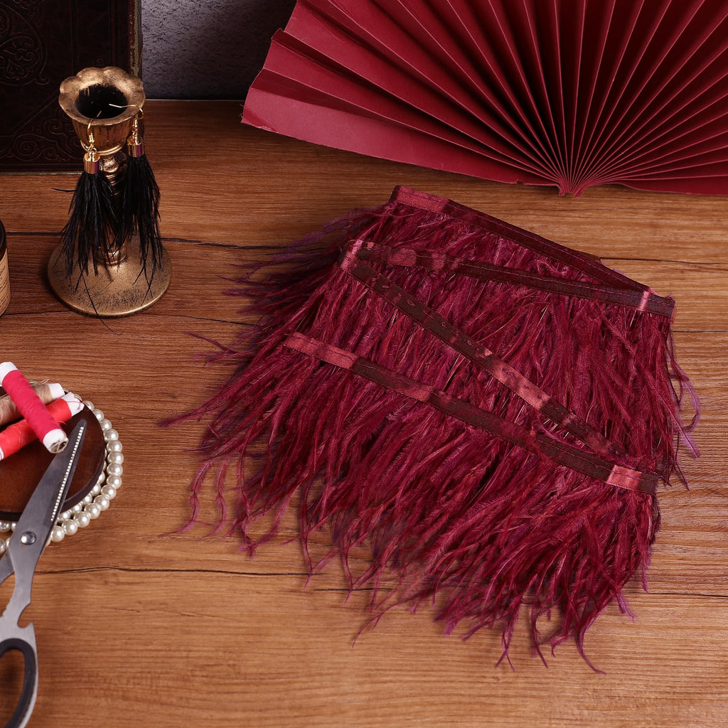 5-7inch Burgundy Ostrich Feather Trim for DIY Sewing Clothing,2Yards