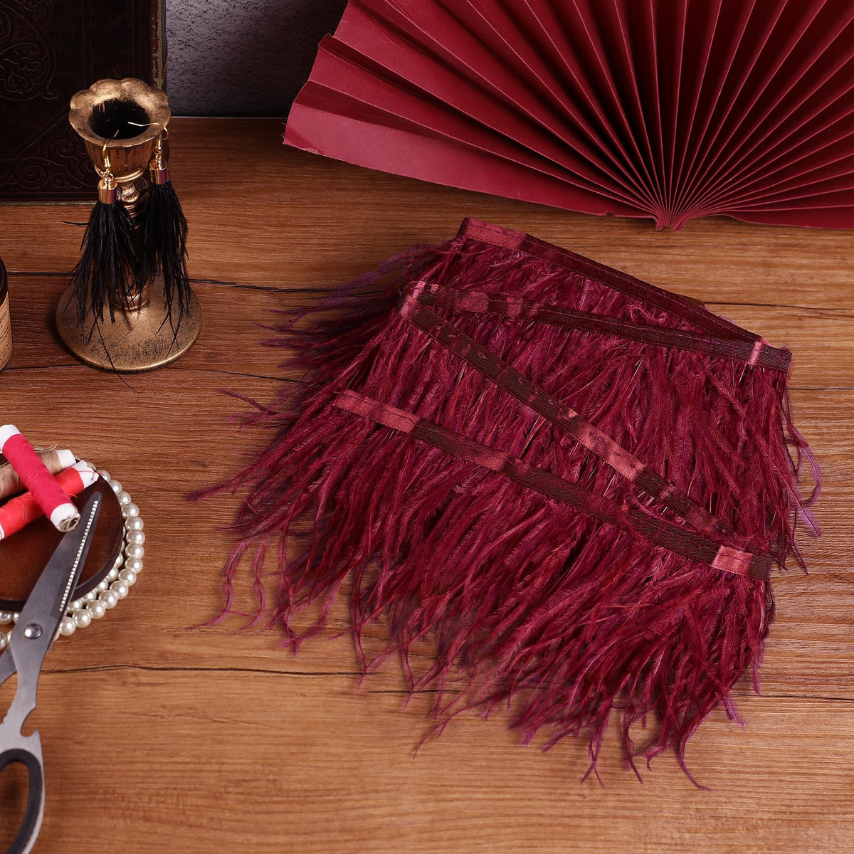 5-7inch Burgundy Ostrich Feather Trim for DIY Sewing Clothing,2Yards