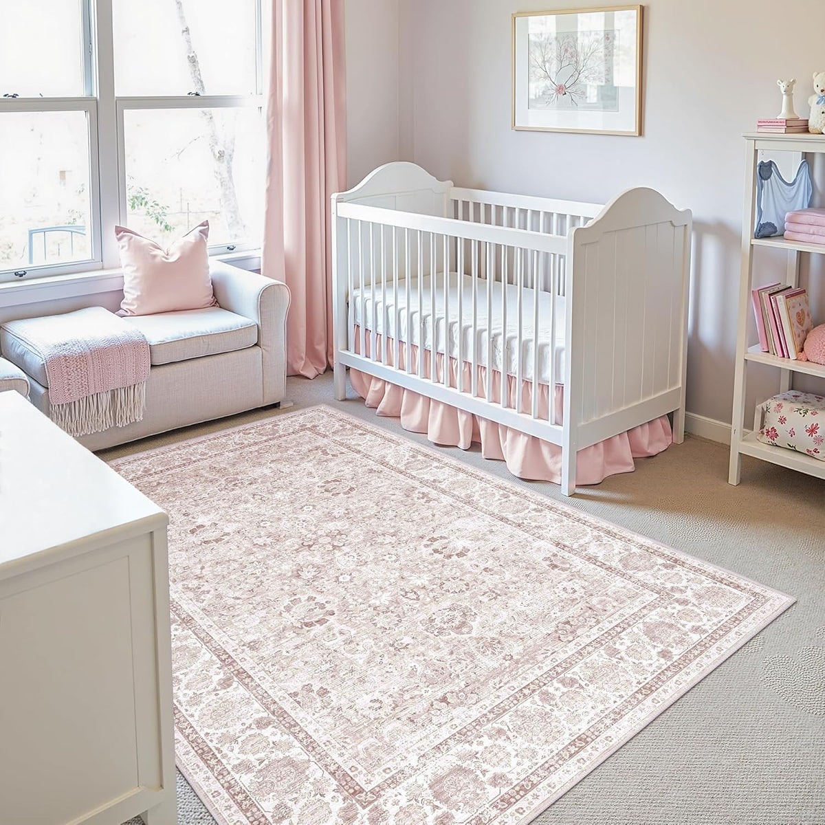 Light Pink Rugs Nursery Rug Vintage Aesthetic Cute Boho Floral Washable Area Rug Indoor Carpet for Kids Room