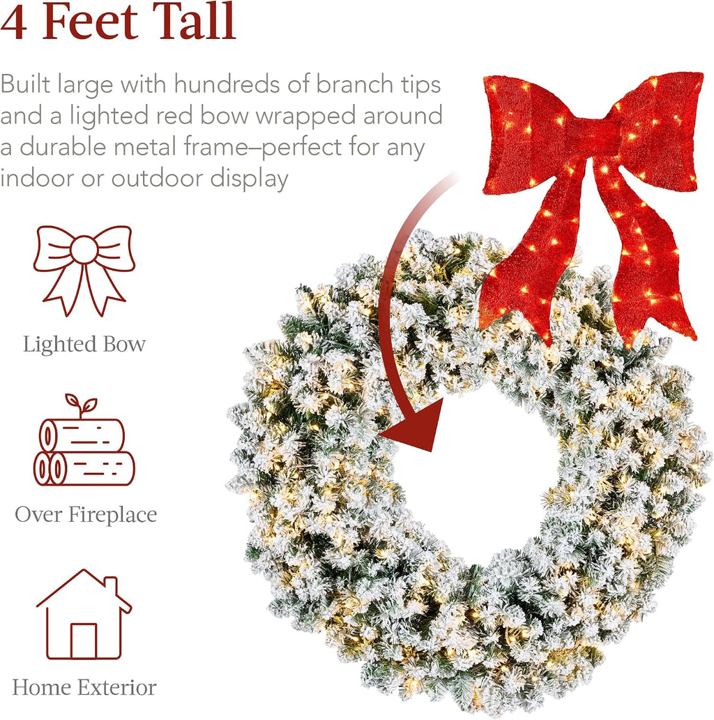 48in Large Flocked Artificial Pre-Lit Fir Christmas Wreath Holiday Accent Decoration for Door, Mantel w/Red Lighted