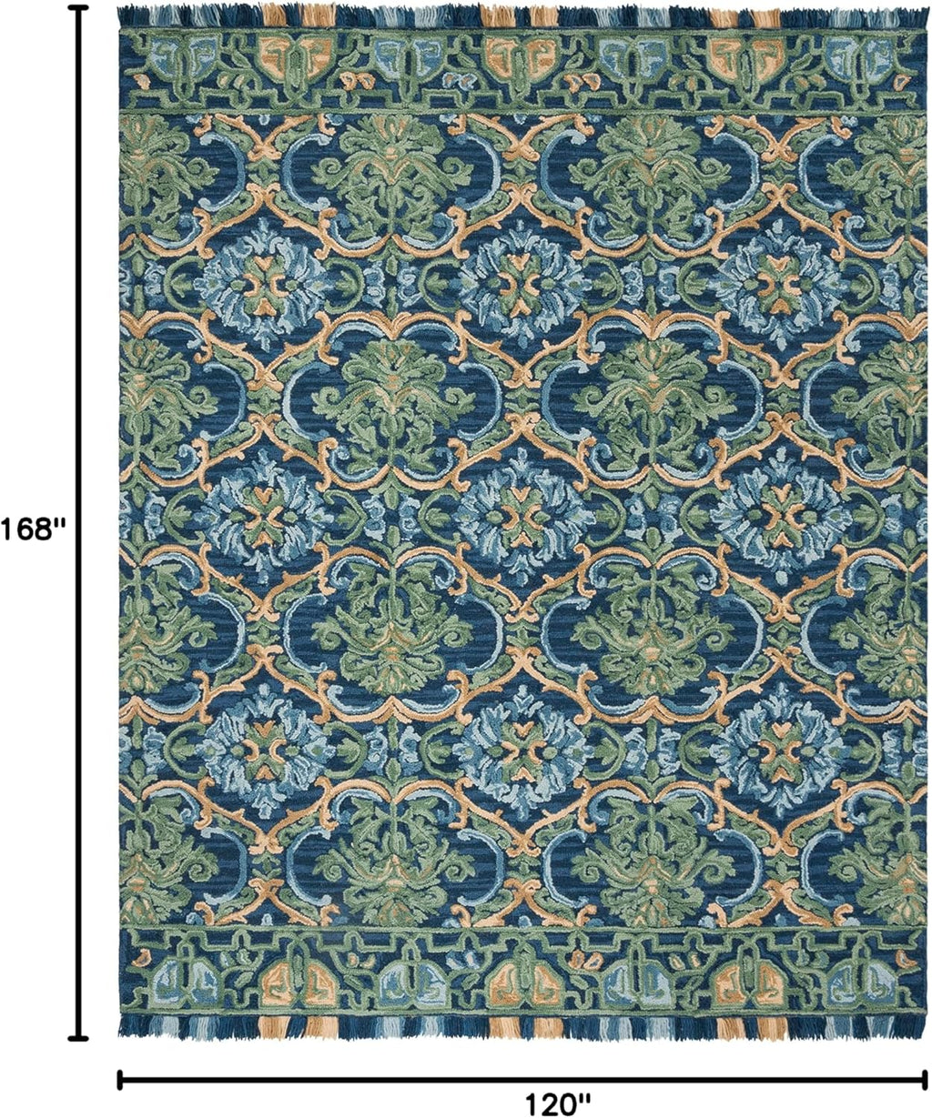 Blossom Area Rug, Navy & Green, Handmade Boho Fringe Wool