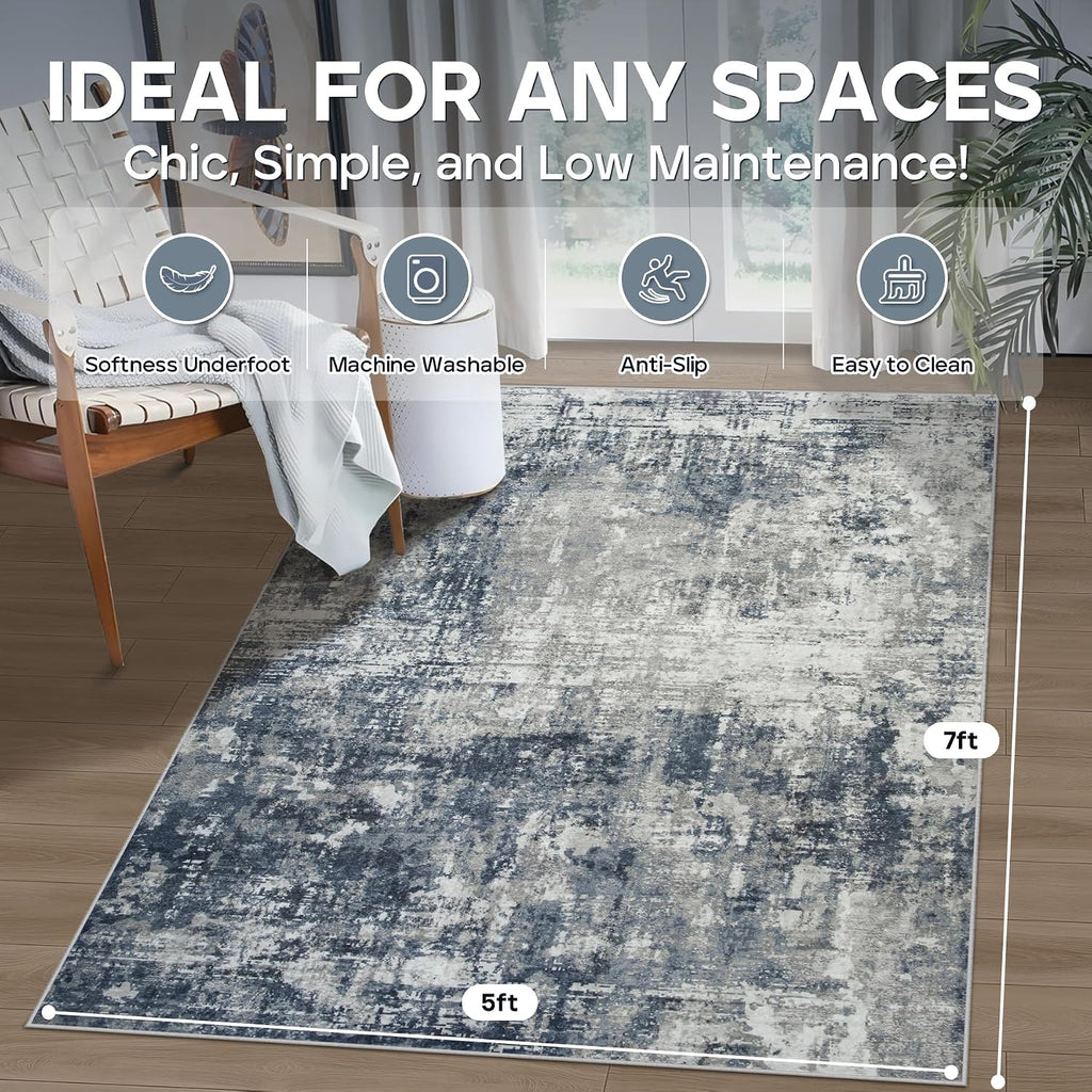 Area Rugs Bedroom Dining Room Washable Blue Grey