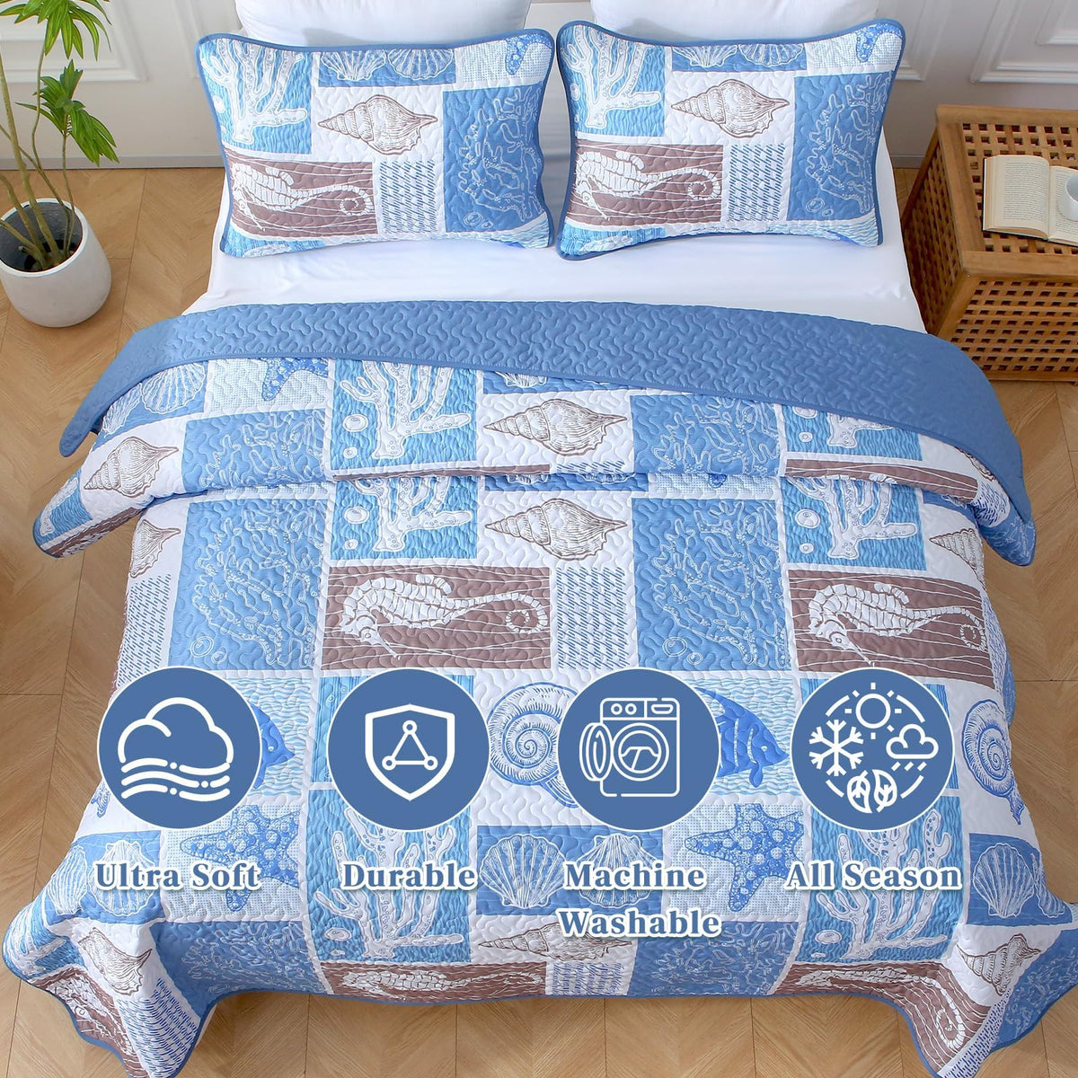 Coastal Quilt Set, Beach Coverlet Blue Starfish Coral Seashell Bedspread, Ocean Beach Themed Bed Cover