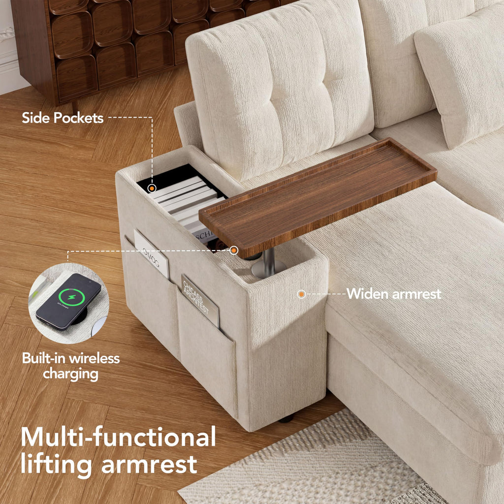 112" Modular Sectional Sleeper Sofa with Pull Out Bed, Chenille Modern 7 Seat L Shaped Couch with Reclining