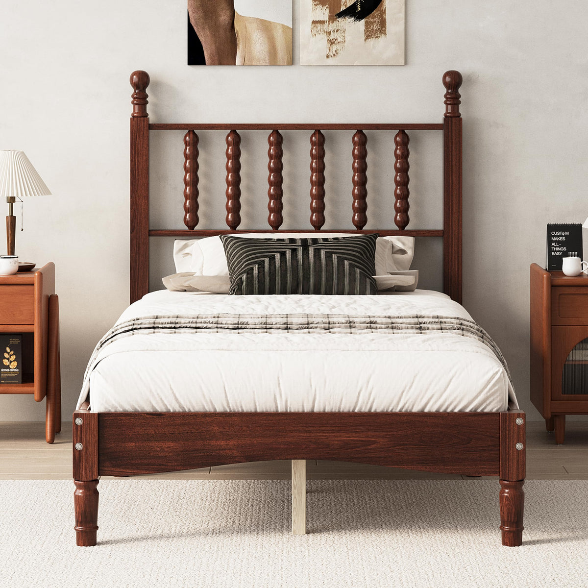 Walnut Wood Bed Frame Traditional with Spindle Headboard, Vintage Platform Bed Frames, Retro Bedframe