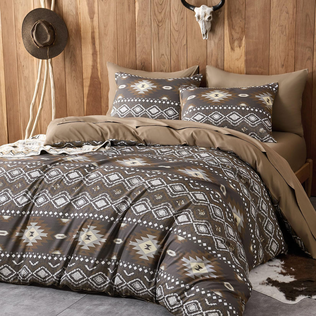 Comforter Set, Southwestern Aztec Country Style with Rustic Ranch Vibe, Soft Lightweight Bedding, 3 Pieces, Taupe