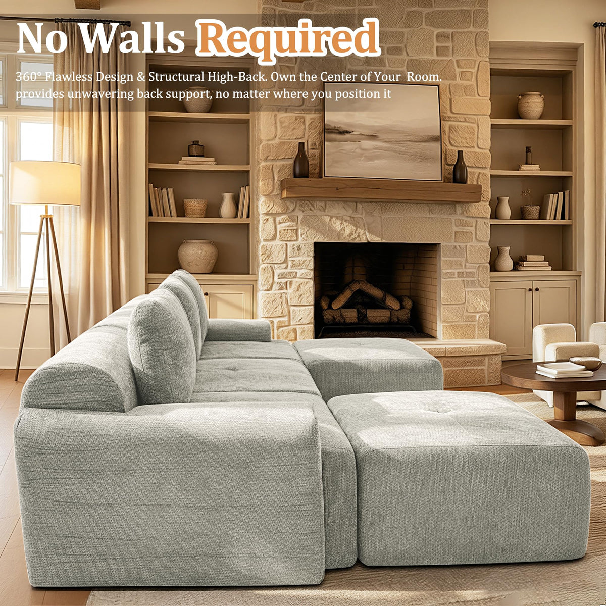 122" Oversized Boneless Couch, Comfort Cloud Sectional Couches, Modular Sofa High Back & Extra Deep Seat, No