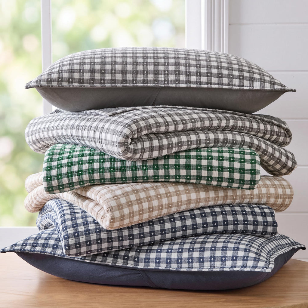 Camden Gingham Stitch Grey Quilt Set - 106x92in. Quilt and Two 20x36in. Shams - Grey and Ivory Gingham
