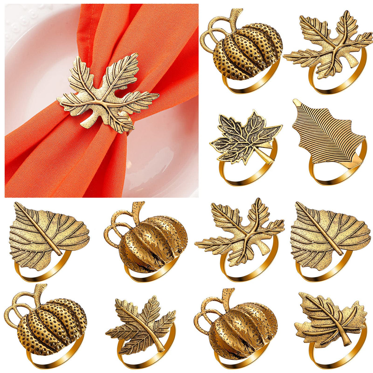 12 Pcs Thanksgiving Napkin Rings Set Fall Pumpkin Leaf Holders