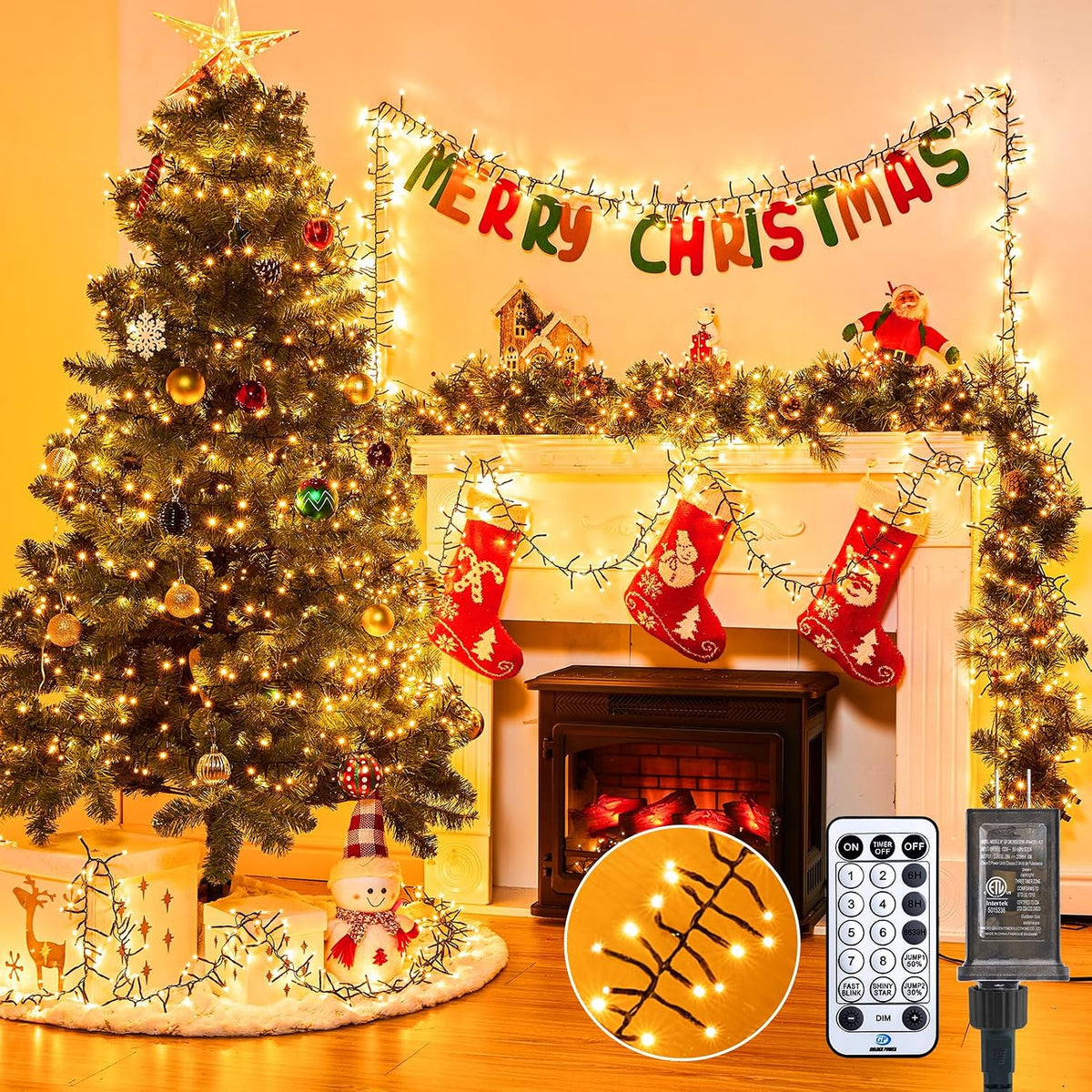 1000 LED Cluster Lights Christmas Tree Lights Outdoor Christmas Firecrackers String Light, 12 Modes Timer Remote