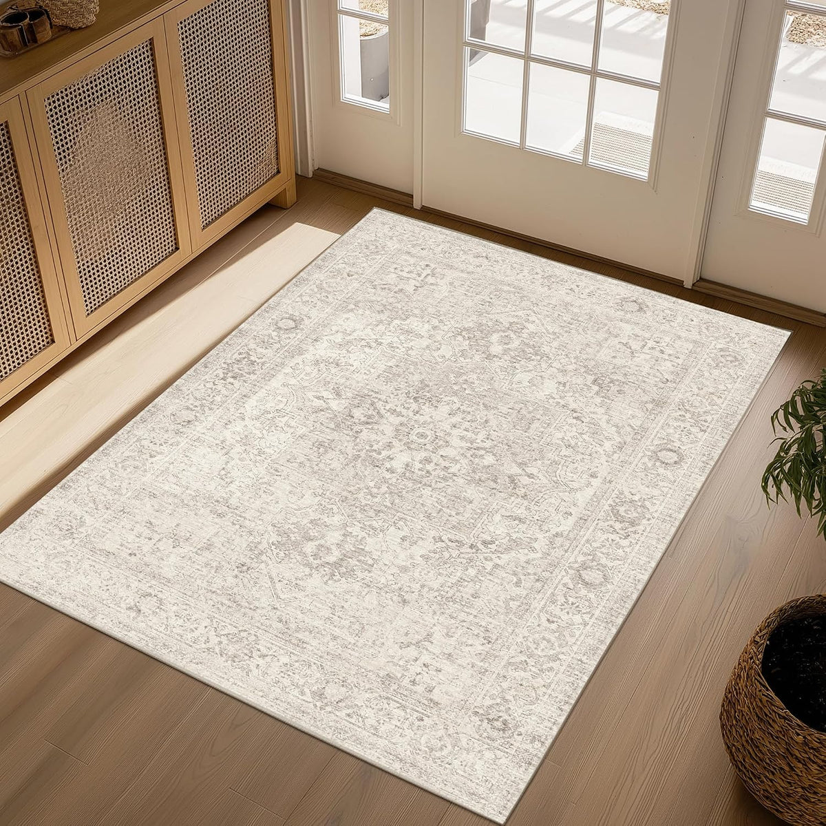 Washable Beige Neutral Oriental Distressed Entryway Area Rug