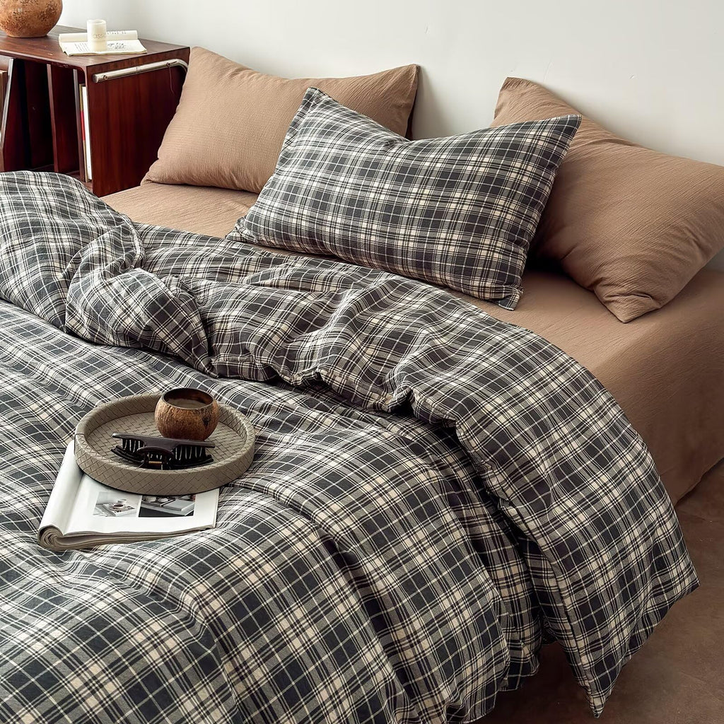 Dark Gray-Black & Beige Buffalo Plaid Duvet Cover Set