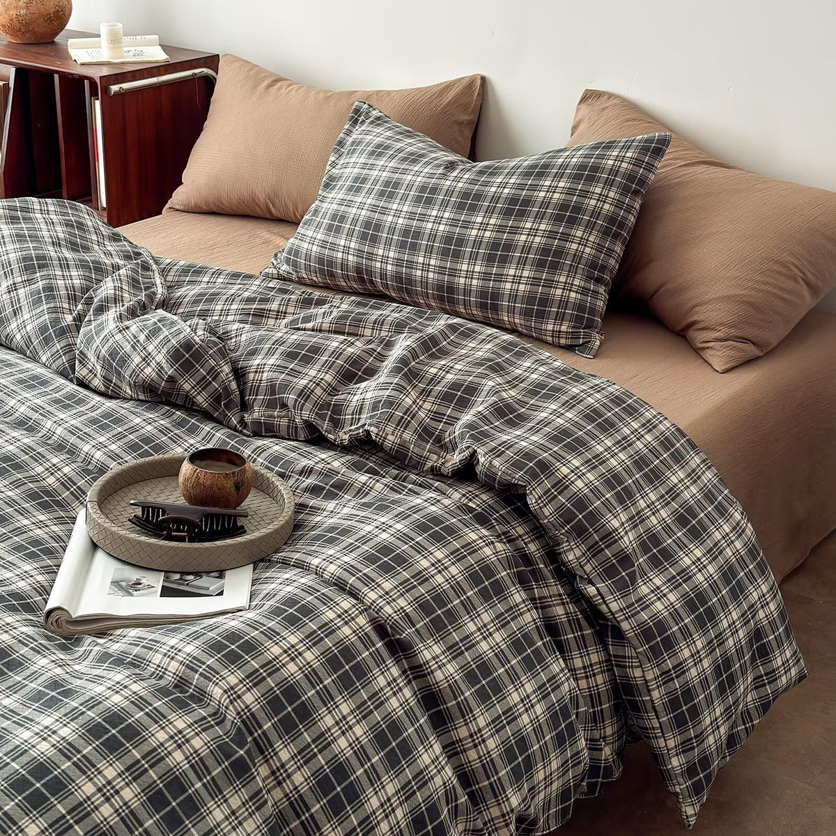 Dark Gray-Black & Beige Buffalo Plaid Duvet Cover Set