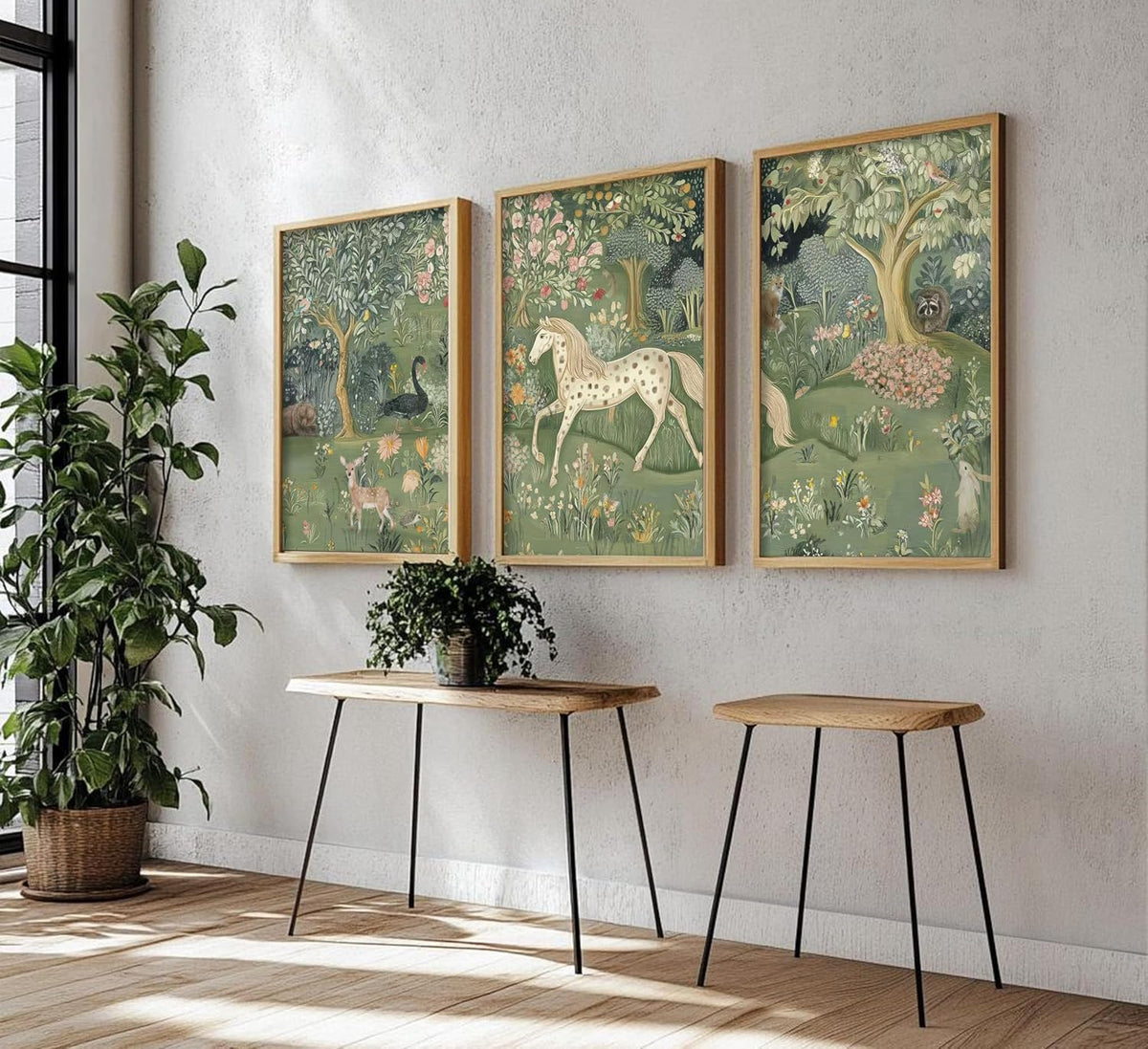 Framed Vintage Woodland Animal Nursery Wall Art Magic Horse Bear Deer Poster Green Fantasy Forest Botanical Pictures - Set of 3