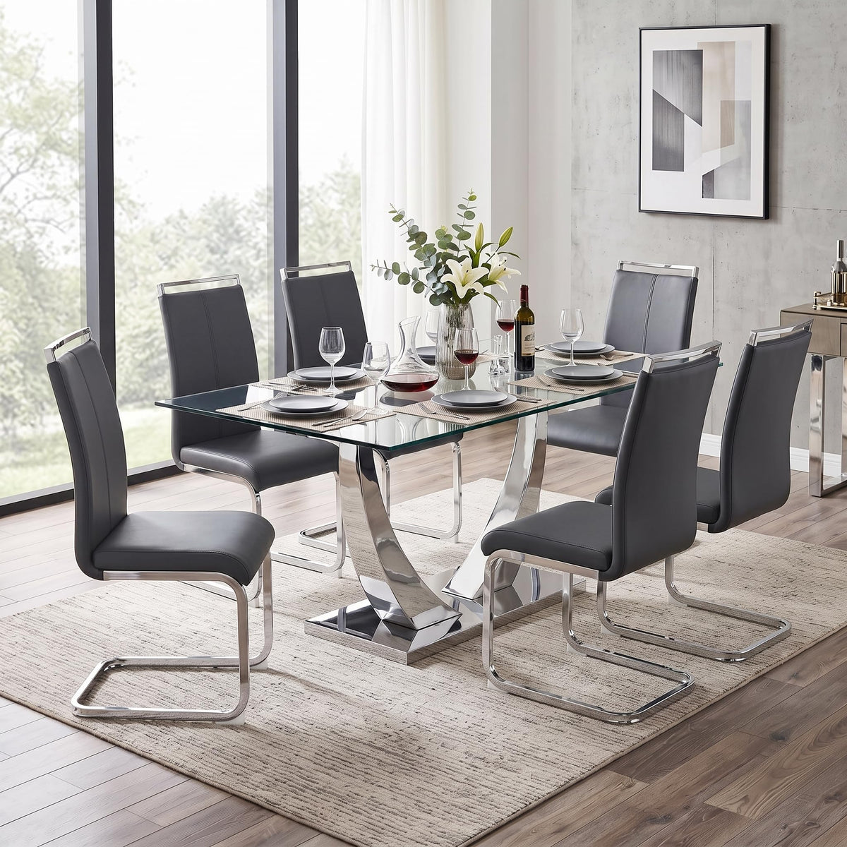 Glass Dining Table Set for 6, 71" Modern Dining Table Set for 6