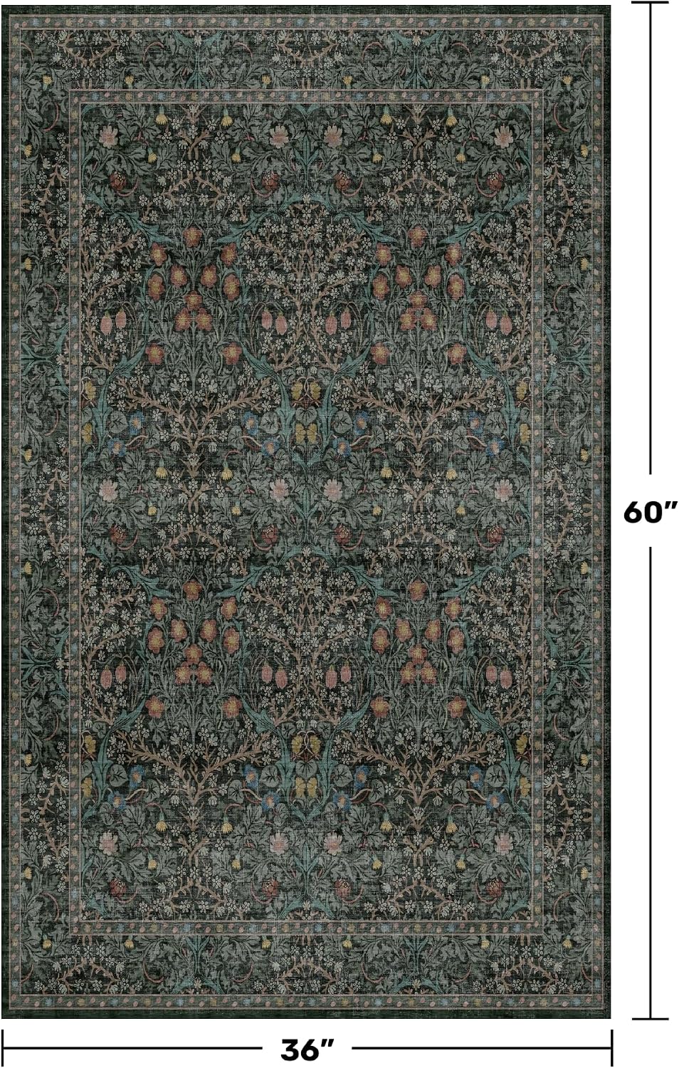Vintage Floral Dark Green Area Rugs Beside Rug, Laundry Room, Non-Slip Low Pile Ultra Soft Stain Resistant Small