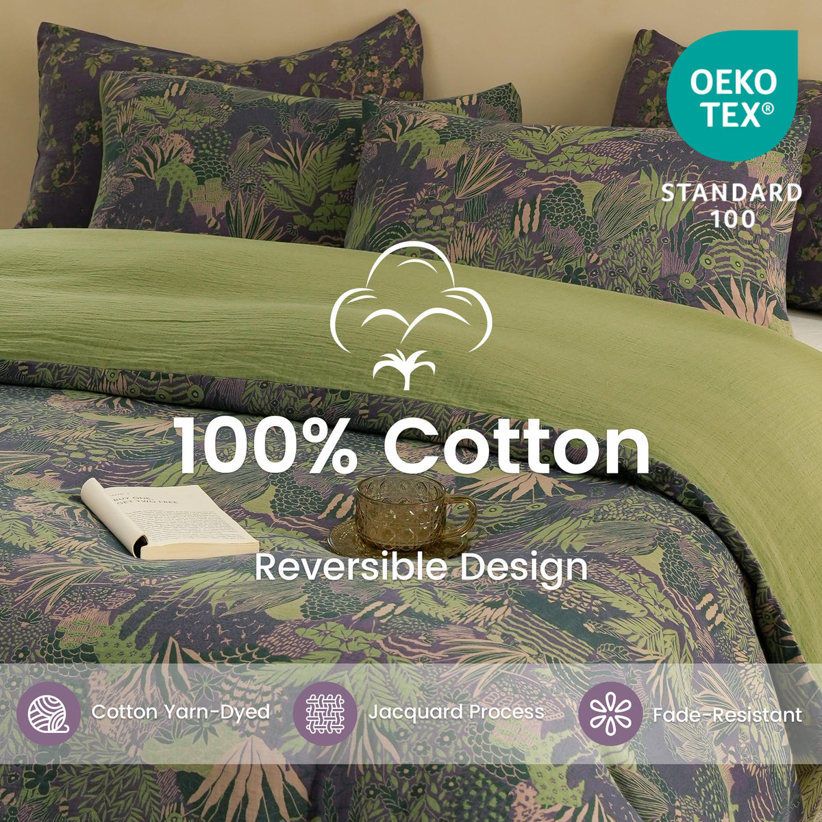 100% Cotton Muslin Duvet Cover Set King, 3 Pcs Yarn-Dyed Jacquard Textured Reversible Botanical Floral, Soft and