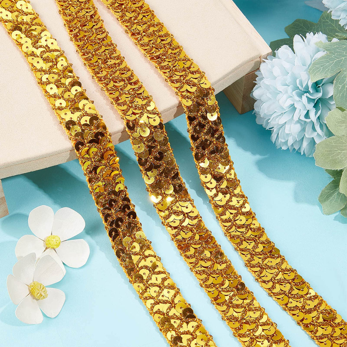 0.78" Gold Sequin Trim Lace Ribbon Braid Sequins Beads Glitter Ribbon Sequin Strips 3 Rows Paillette Roll for - 14Yds