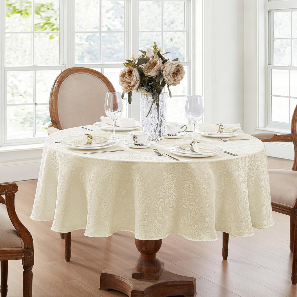 Caiden Elegance Damask Tablecloth, Ivory - 90" W x 90" L Round