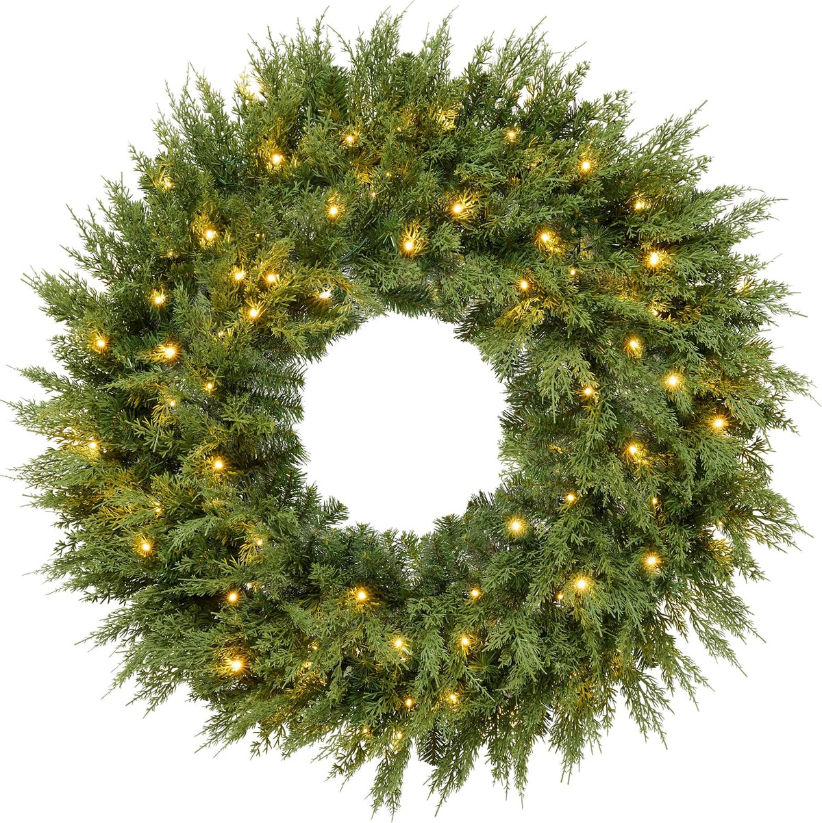 Pre-Lit Cedar Cypress Christmas Wreath w/Twinkling LEDs, 48in Realistic Large Indoor/Outdoor Holiday Decor for Door