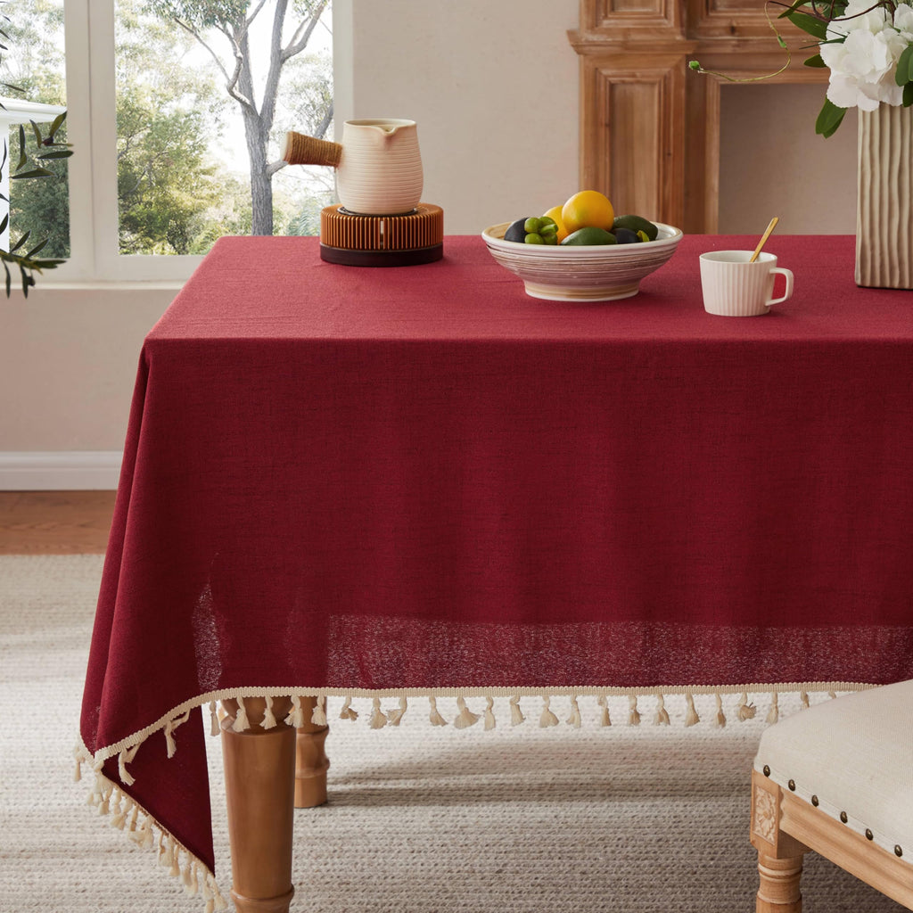 Tassel Linen Rectangular 6ft Table Cloth, Burgundy 60x104 Inch