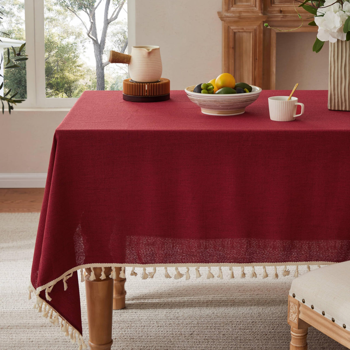 Tassel Linen Rectangular 6ft Table Cloth, Burgundy 60x104 Inch