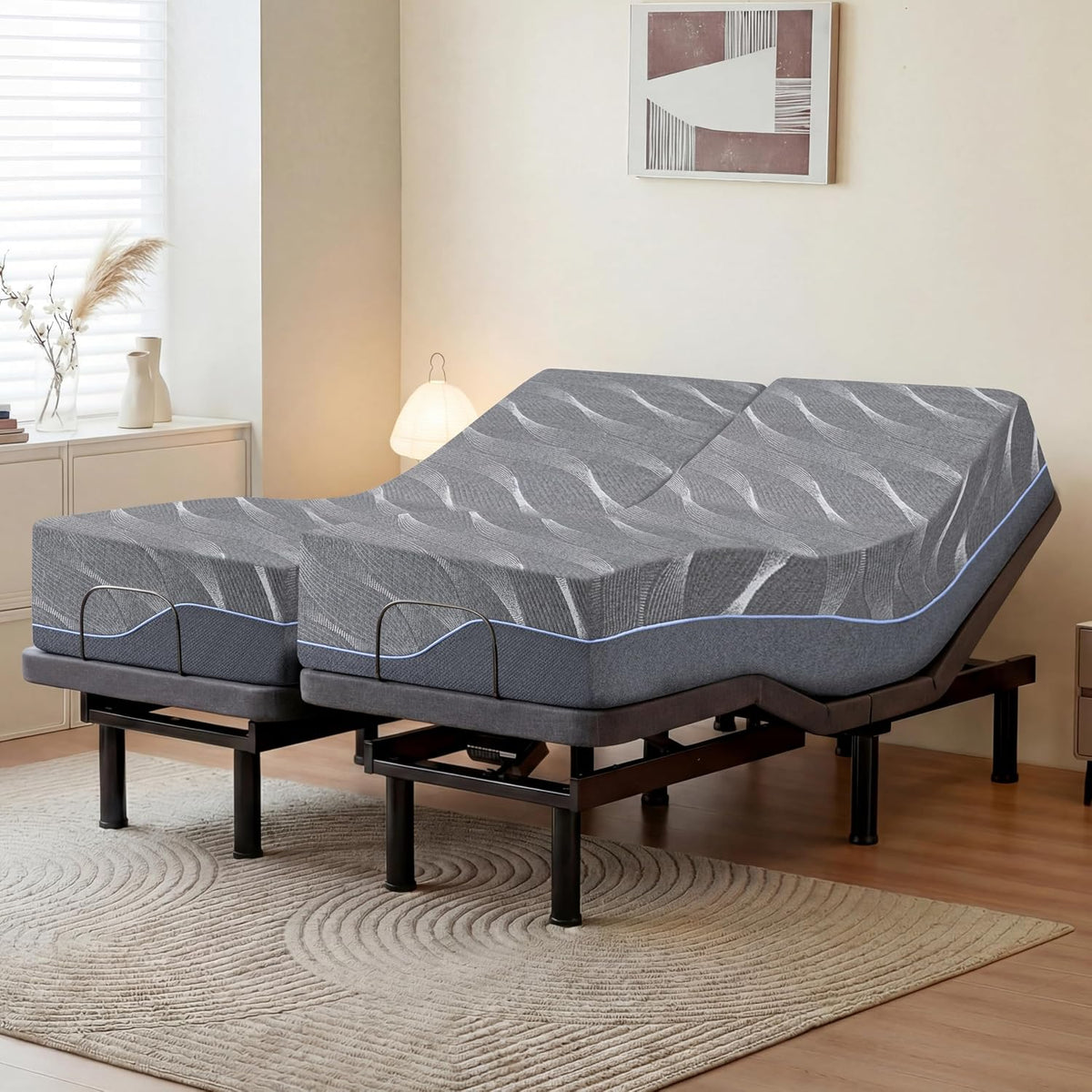 Split King Adjustable Bed Frame with Wireless Remote + 12 Inch Grey Gel Medium Firm Memory Foam Mattress in a Box - Set of 4