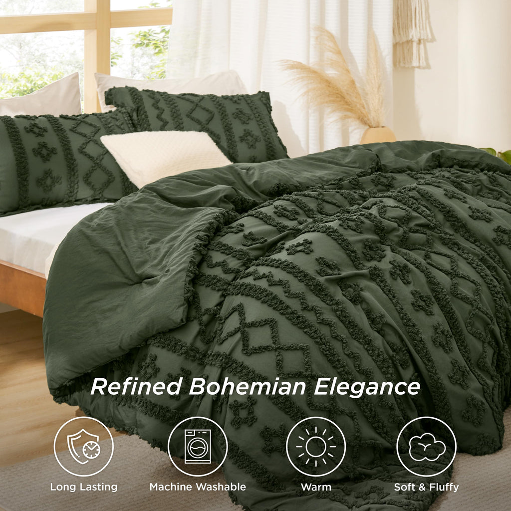 Boho Comforter Set Queen, Bedroom Decor Bedding Set Olive Green