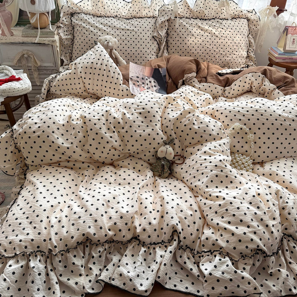 Chic Black Polka Dot Ruffled Beige Duvet Cover