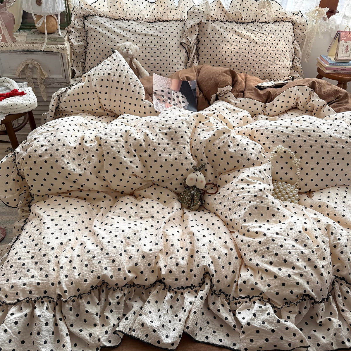 Chic Black Polka Dot Ruffled Beige Duvet Cover