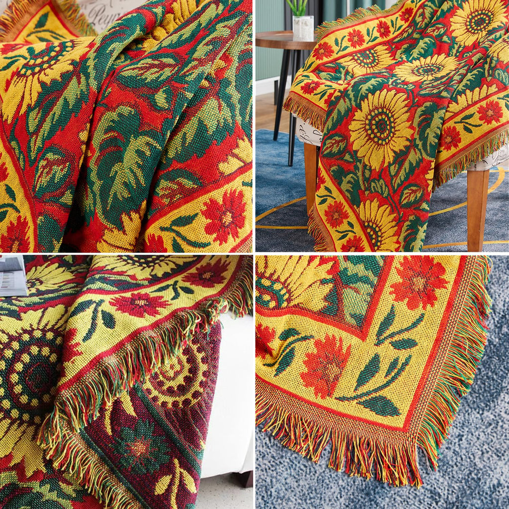 Red Sunflower Throw Blanket with Fringe Boho Throw Blankets Recliner Chair Couch Sofa Cover Woven Reversible Cotton